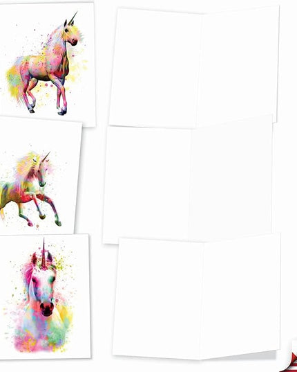 The Best Card Company Assorted Watercolor Animal Blank Greeting Card Box Set - Incl. 10 Unique Notecards Designs + Envelopes, Thank You, Invitations, More - Funky Rainbow Unicorns AM6748OCB-B1x10