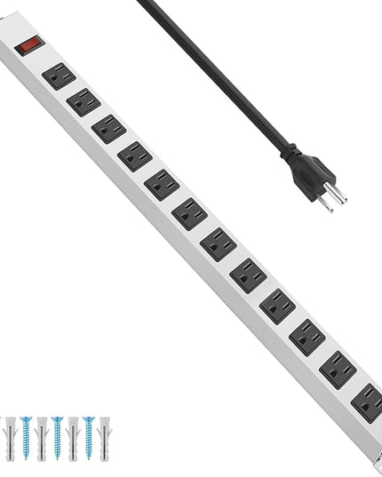 JUNNUJ Metal 12 Outlet Power Strip, Mountable Heavy Duty Power Strip, 1200J Surge Protector Wall Mount Screws Outlet with Switch, Gaming Desk Strips Wide Spaced 15A 125V 1875W, 10 FT 14AWG Power Cord
