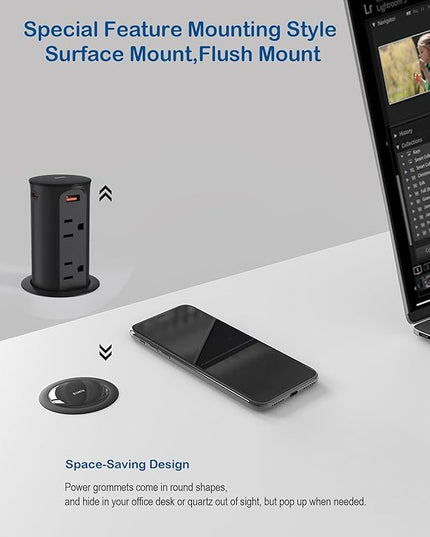 Pop up Outlet for Countertop,2.5 Inch Hole Desktop Power Grommet,Recessed Power Strip,20W USB C Fast Charging,4 Outlets 4 USB Ports,15Amp Tamper Resistant Receptacle for Home,Kitchen,Office Black