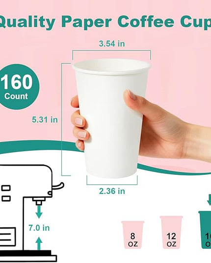 Coolcap 16 oz 100 Pack Disposable Coffee Cups, Bulk White Disposable Paper Cups, Coffee Cups for Hot Tea, Chocolate and Cold Drinks