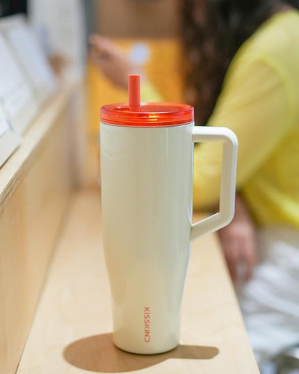 KISSKIND 40 oz Lumispin Tumbler with Handle and Hidden Straw, 100% Leak Proof Water Cup with Handle, Insulated Water Bottle for Travel, Mom, Nurse, Teacher, Student, Velvety Cream