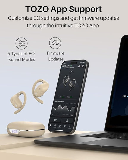 TOZO OpenWear Open Ear Headphones, Adjustable Ear Hooks, Ultra Comfort, Punchy Bass Bluetooth Headphones 5.4 with Smart Digital Display, Immersive Audio Earbuds, Stereo Bass, Fast Charging