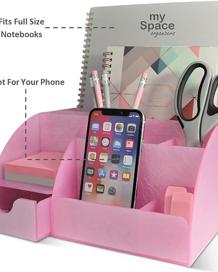 Pink Desk Organizer Office, Acrylic, with Drawer, 9 Compartments, Supplies and Cool Desk Accessories Organizer, Desktop Pen Holder (Pink)