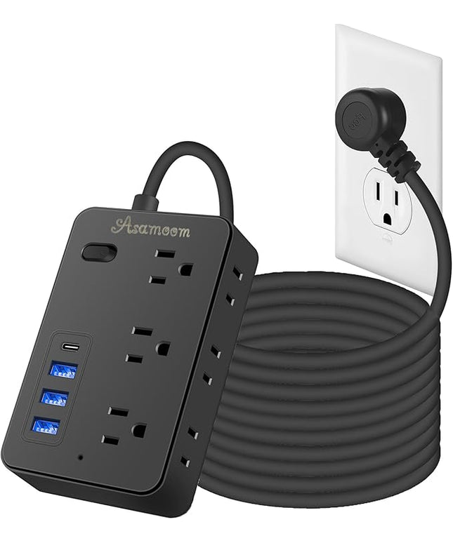 20FT Extension Cord with Multiple Outlets, Asamoom 20 ft Surge Protector Power Strip with 6 Outlets with 4 USB Ports(1 USB C)，Flat Plug with Long Cord 1700 Joules Protection for Home Office Black