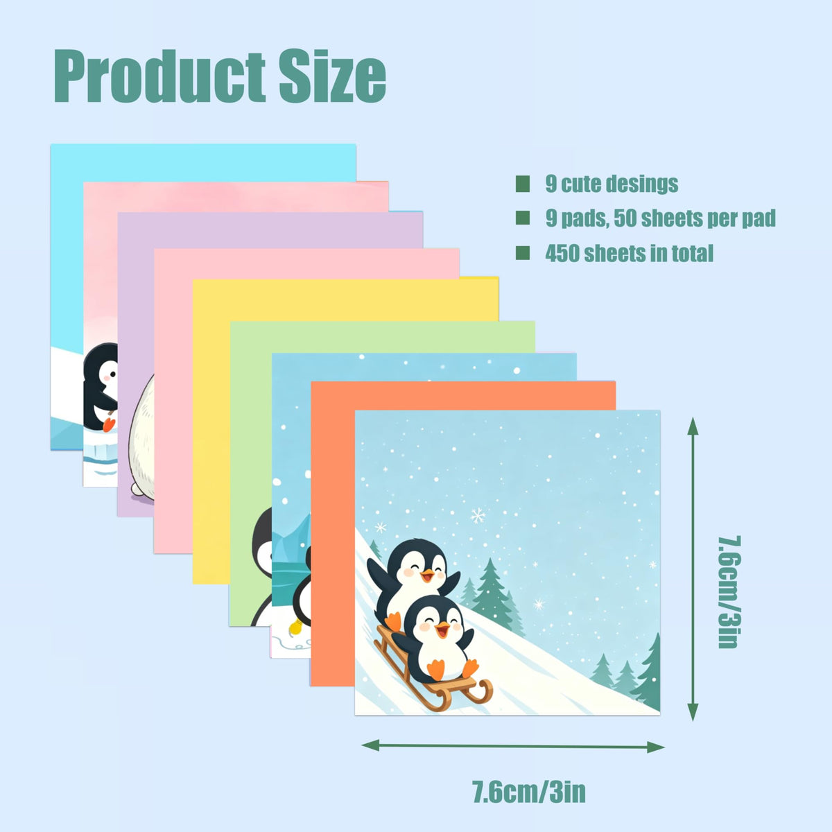 9 Pads Cute Sticky Notes Set, 3" x 3" Penguin Self Stick Notepads, Funny Penguin Stationery, Kawaii Adhesive Memo Pads, Penguin Lover Gifts, Office Decor Desk Accessories, School Supplies