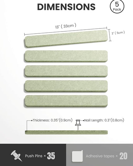 Fluxynara Cork Board Alternative Felt Strip Board 5-Pack 13"x2", Office Pin Board with 35 Push Pins, Adhesive Install for Bedroom Door & Home Office(Sage)