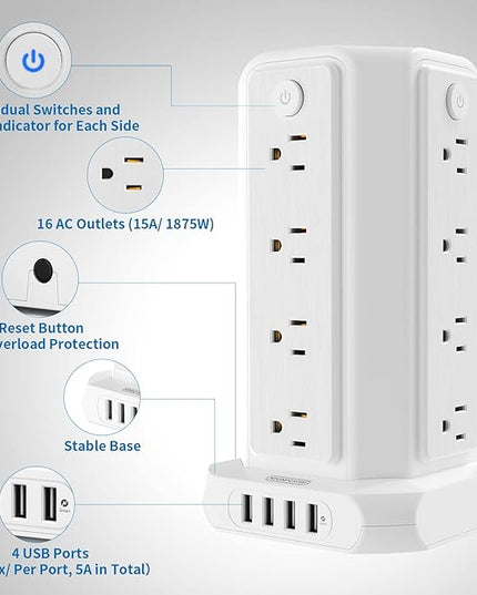 10 FT Extension Cord Power Strip Tower, 16 Widely Outlets 1875W 15A, Flat Plug Surge Protector with 4 USB Ports, Individual Switches, 1080 Joules, Overload Protection for Home Office Desktop, White