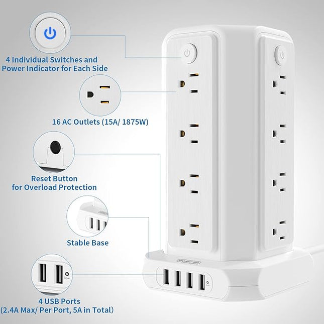 10 FT Extension Cord Power Strip Tower, 16 Widely Outlets 1875W 15A, Flat Plug Surge Protector with 4 USB Ports, Individual Switches, 1080 Joules, Overload Protection for Home Office Desktop, White