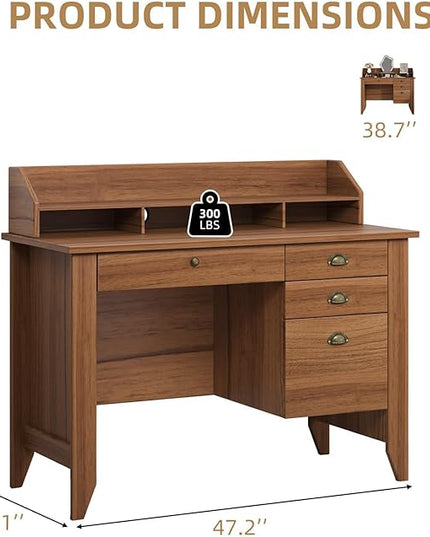 4 EVER WINNER Wooden Desk with Drawers, Small Desk with Monitor Stand and File Drawe, Writing Desk with Drawers for Bedroom Small Spaces, Walnut