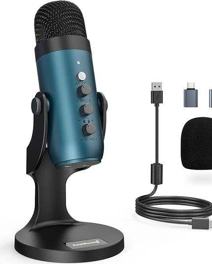 ZealSound USB Condenser Microphone,Computer PC Gaming Mic,Plug&Play Microphones for PS 4&5.Monitor Adjust&Volume Control,Mic Gain Control,Mute Button for TikTok,YouTube Podcast on Mac&Windows(Teal)