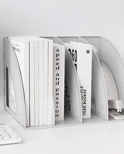 SAYEEC Sturdy Maganize Holder Desktop File Holder Organizer Plastic 4 Section Frames File Dividers Document Cabinet Rack Display Storage Organizer Box (Light Grey)