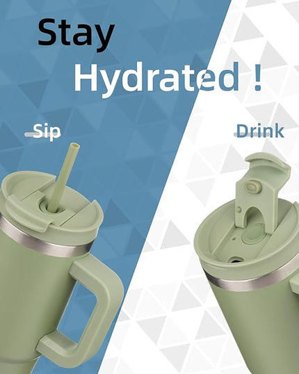 40 oz Tumbler with Handle and 2 Straws,2 in 1 Lid Insulated Water Bottle Stainless Steel Travel Coffee Mug,Army Green