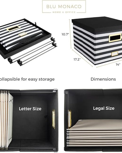 BLU MONACO | Decorative Hanging File Box with Lid | File Bins with Lids for Desk Storage | Desktop Hanging File Organizer for Legal Letter Folders Black White