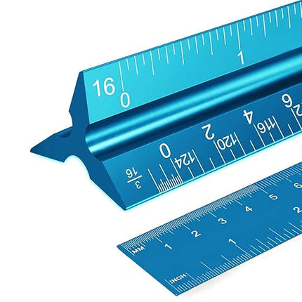 Rena Chris 2PCS Architectural Scale Ruler: 12" Imperial Aluminum Triangular Scale Ruler, Laser-Etched Architecture Ruler, Drafting & Architect Ruler for Architects, Students, Draftsman(Blue)