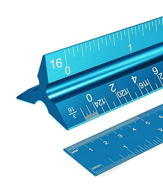 Rena Chris 2PCS Architectural Scale Ruler: 12" Imperial Aluminum Triangular Scale Ruler, Laser-Etched Architecture Ruler, Drafting & Architect Ruler for Architects, Students, Draftsman(Blue)