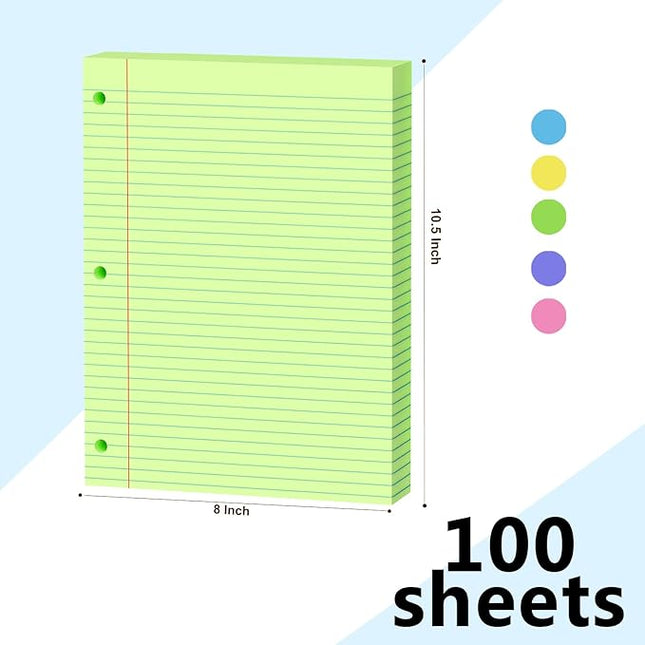 Green Loose Leaf Paper 100 Sheets Colored Filler Paper 8 * 10.5 College Ruled 3-Hole Punched for 3-Ring Binders Notebook Lined 8" x 10.5"