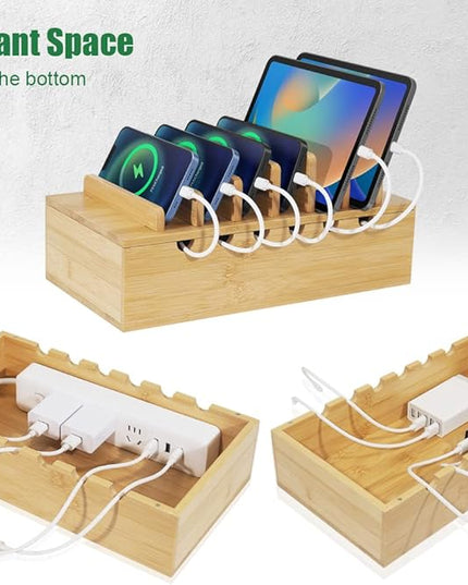 Bamboo Charging Station for Multiple Devices, Desk Docking Stations Organizer Compatible with iPhone Devices, Wood Charging Cell Phone Holder Stand (Includes 6 Cables) (NO Power Supply)