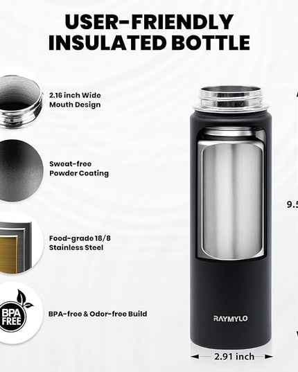 Insulated Water Bottle 20 oz, Triple Wall Vacuum Stainless Steel (Cold for 48 Hrs), Leak Proof & Non-BPA, Kids Water Bottle Jug for School with Straw Spout Lids, Magic Black