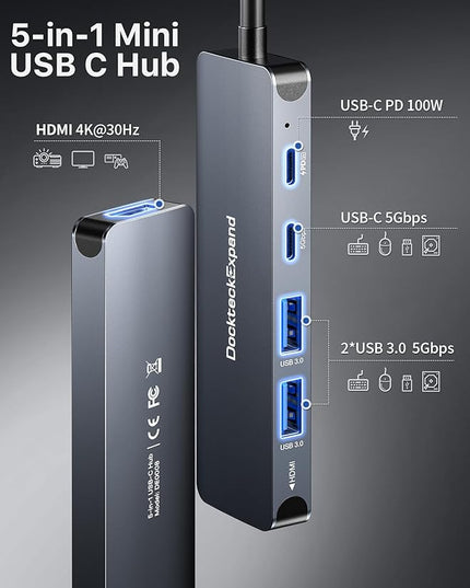 USB-C Hub 5-in-1 with 4K HDMI, 100W Power Delivery, 5Gbps USB-C Data Port and 2 5Gbps USB-A Data Ports for MacBook Pro/Air, iPad Pro/Air, Dell XPS