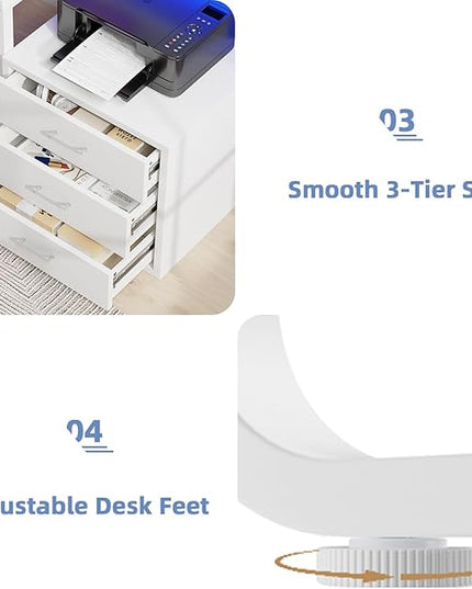 White Desk with 3 Drawers, 67 Inch Office Desk with Long Monitor Stand & Printer Shelf, Reversible Computer Desk with LED Lights for Bedroom