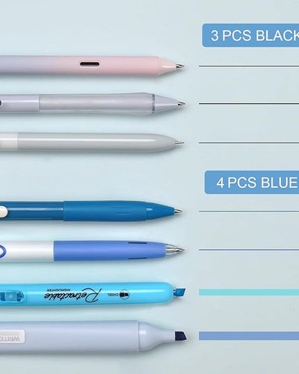 WRITECH Gel Pens Journaling Highlighters: Journal Set Aesthetic Assorted Pastel Color Ink 0.5mm Fine Point Retractable 0.7mm Black Pen Smooth Writing Drawing No Bleed 7ct (Blue)