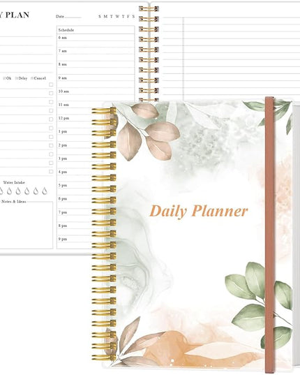 Daily Planner Undated - B5 To Do List Notebook Hourly Schedules, Spiral Appointment Planner for Women and Men, PVC Hardcover, Inner Pocket, Elastic Closure, 7" x 10", Rose Leaf