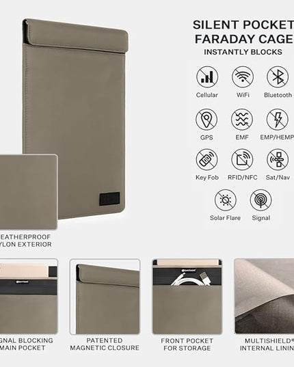 SLNT Faraday Bag Tablet Sleeve with Silent Pocket - Weatherproof Nylon, Signal Blocking Device Shielding for iPad, Samsung Galaxy Tab, Most Tablets, Travel, Privacy (Light Grey Nylon, Large)