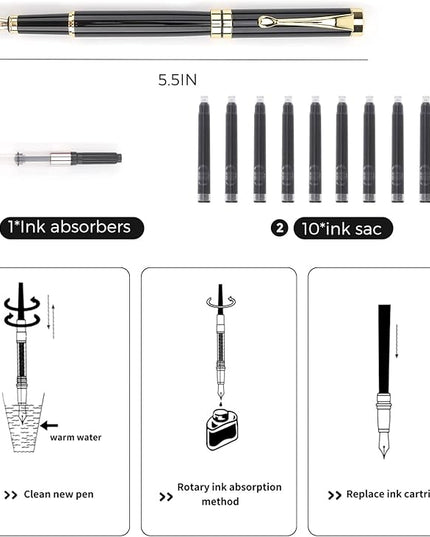 Tiankool Luxury Fountain Pen,Fine Nib, Exquisite Pen Gift Set for Men&Women-Includes 10 Ink Cartridges&Ink Converter- Nice Pens - Black