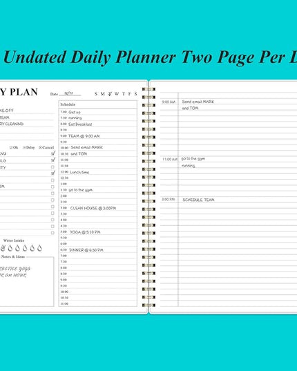 Daily Planner Undated - 8.5" x 11" To Do List Notebook Hourly Schedules, 150 Sheets/300 Pages Spiral Appointment Planner for Women and Men,PVC Hardcover, Inner Pocket, Elastic Closure, Teal Flowers
