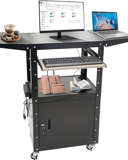Upgraded AV Cart, Adjustable-Height Steel AV Cart with Locking Cabinet and Pullout Keyboard Tray, Rolling Media Cart with Wheels & Power for Computer Laptop Projector Printer (Black/43"x18"x43")