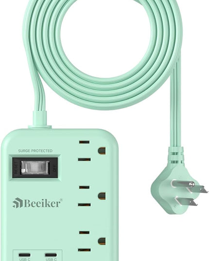 6 USB Green Travel Power Strip- 5Ft Green Extension Cord with 4.8A 2 USB C Charging Station and 4 Outlets, Cute Desk Accessories with Switch for Kawaii Pink Home Office College Dorm Room 24W