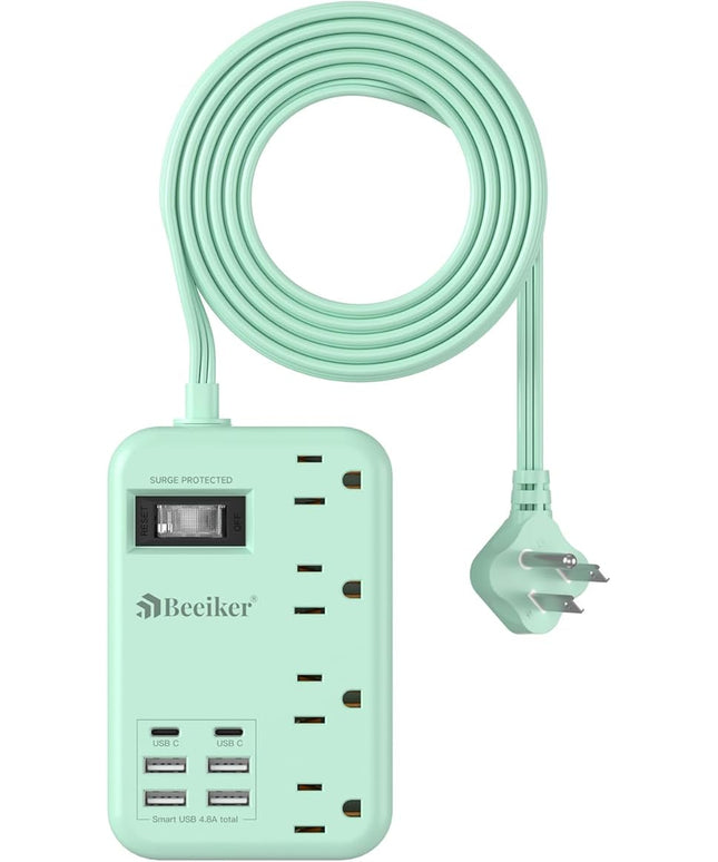 6 USB Green Travel Power Strip- 5Ft Green Extension Cord with 4.8A 2 USB C Charging Station and 4 Outlets, Cute Desk Accessories with Switch for Kawaii Pink Home Office College Dorm Room 24W