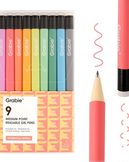 Grabie Erasable Gel Pens, 9 Colors Erasable Pens Multicolor, Make Mistakes Disappear, 0.6mm Medium Point Rollerball Tip Colored Pens for Drawing Writing Planner, Smooth Writing (Whimsical Whirls)