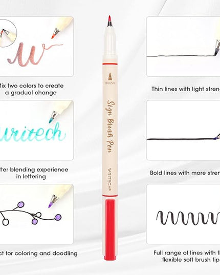 WRITECH Brush Tip Marker Pens: Artist Markers Flexible Tip Water Based 12ct Assorted Colors for Journaling Adult Coloring Hand Lettering Calligraphy Drawing Vibrant Colored