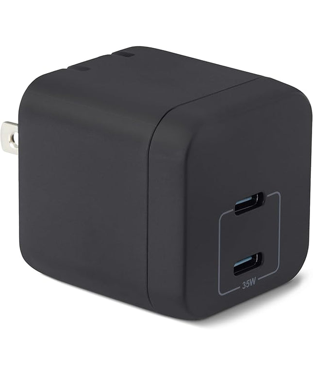 Amazon Basics Fast Charging USB C Nano GaN Wall Charger, 35W 2-Port for Tablets Phones, Black