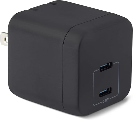 Amazon Basics Fast Charging USB C Nano GaN Wall Charger, 35W 2-Port for Tablets Phones, Black