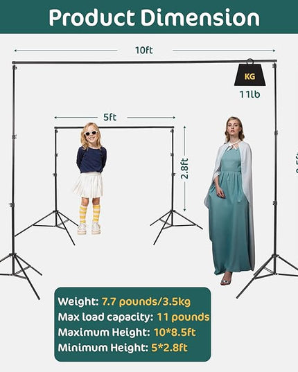 Kate Photo Backdrop Stand 10x8.5ft Adjustable Background Stand Kit for Photography (Indoor/Outdoor) and Party Decorations, Maximum Load 5kg/11lb