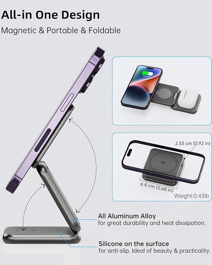 Foldable Magnetic Wireless Charger, KU XIU X40 Aluminum Alloy 3 in 1 Charging Station for Apple, Fast Magnetic Charger Stand for iPhone 17 16 15 14 13 12 Series, 5W for iWatch, AirPods 3/2/Pro, Gray
