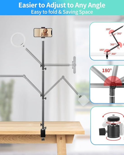 Heavy Duty Overhead Camera Desk Mount Stand 14.5"-41" with 1/4" Screw, 3-Section 360°Rotatable Detachable Articulating Boom Arm with Enlarged Handle C Clamp, Tabletop Light Stand for Streaming Vlog