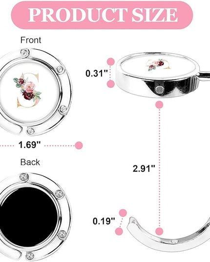 XSUIOY 3Pcs Personalized Initial Foldable Purse Hook for Table,Crushed Flower Letters Folding Purse Hanger,Purse Holder Handbag Hanger Collection Desk Table Bag Hooks Gifts for Women Bag(Pink-S)