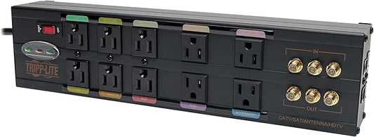 Tripp Lite Isobar 10 Outlet Audio/Video Surge Protector Tel/Modem/Coax/Network 8ft Cord Right Angle Plug, & $500,000 Insurance (HT10DBS) Black