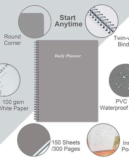 Daily Planner Undated - A4 To Do List Notebook Hourly Schedules, Spiral Appointment Planner for Women and Men,PVC Hardcover, Inner Pocket, Elastic Closure, 8.5" x 11", Grey