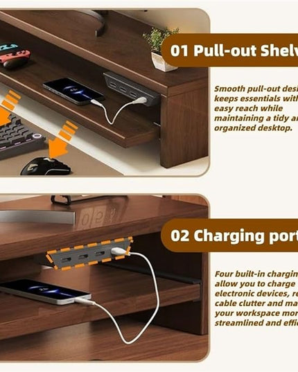 Wooden Monitor Stand Riser with Charging Ports, Dual-Layer Computer Stand, MDF Desktop Organizer for Computer, Laptop, Printer, TV, Easy Assembly Monitor Shelf of Desk(White,100x20x15cm)