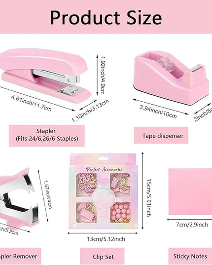 suniya Office Supplies,Desk Accessories,Tape Holder,Stapler,Scissor,Staple Remover,Box of Binder Clips,Staples,Ballpoint Pen,Sticky Notes,Clear Tape,Ruler,Office Supplies Set Pink