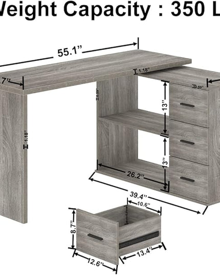 HSH 360° Rotating L Shaped Computer Desk with 3 Drawers and 2 Shelves, Home Office Swivel Desk for Work Writing Study Gaming, Reversible Wood Corner Desk with Storage Cabinet, Light Grey Oak, 55 Inch