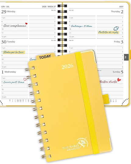 POPRUN 2026 Planner (Pocket Size 4''x 6.25'' Wire-Bond Hard Cover) Calendar Weekly and Monthly (Jan.2026-Dec.2026) Small Planner with Hourly Time Slots, for Purse, 100 GSM - Light Yellow