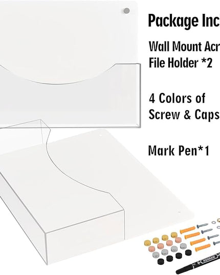 PecMuikee Wall File Organizer, Horizontal Acrylic Mail Magazine Holder Wall Mount, 4 Colors of Screw Caps Included Hanging File Organizer for School, Office, Hospital, 2 Pcs