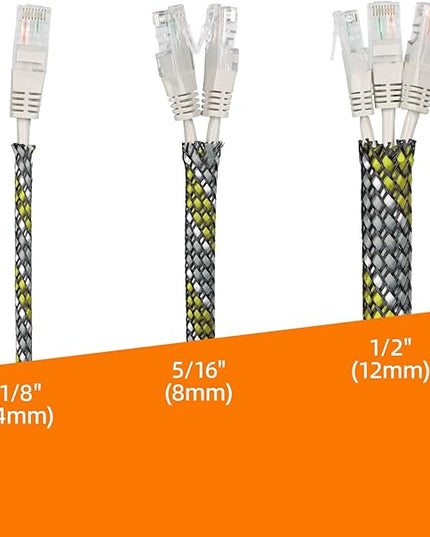Braided Expandable Cable Sleeve, 25ft PP Cotton and PET Braided Cable Management, Flexible Mesh Wire Loom and Cable Protector for TV, Computer, Home Theater, Automotive (Yellow White Grey, 1/8")