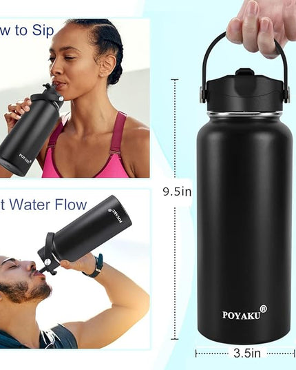 Water Bottle Insulated 32oz 40oz 64oz 128oz Straw Lid Spout Lid & 3 Lids, Leak Proof, Vacuum Insulated,Stainless Steel Water Bottle Wide Mouth for Sports, Gym or Office