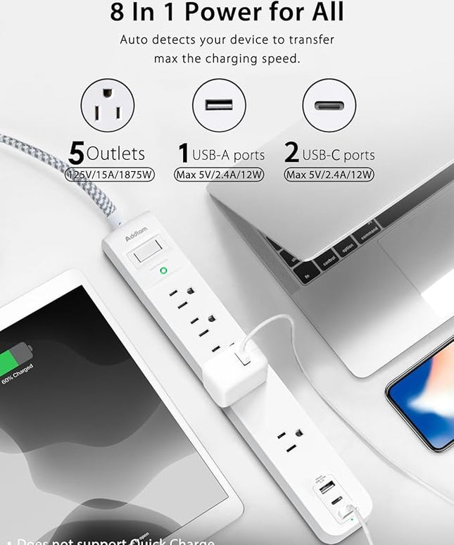 6Ft Power Strip Surge Protector, Flat Extension Cord - Outlet Extender with 2 USB C 5 Wildely AC Outlets, Flat Plug, Desktop Charging Station for College Dorm Room Essentials, White